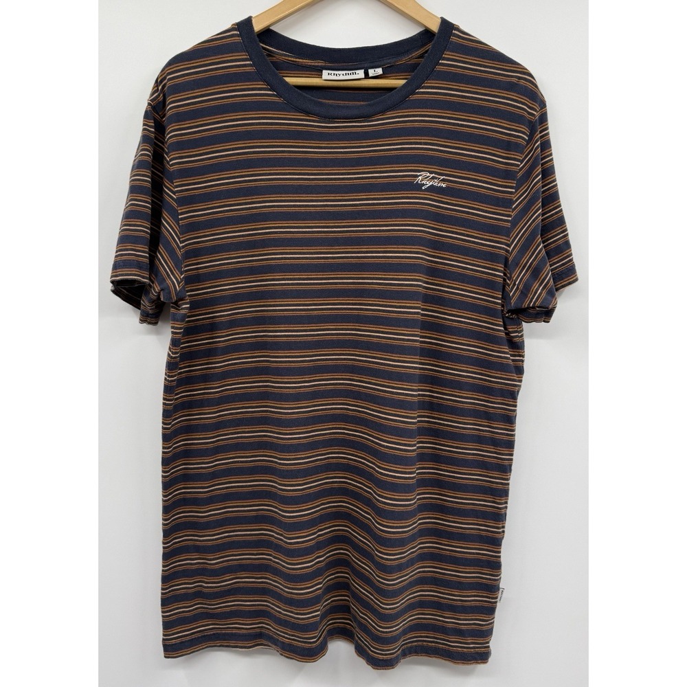 Rhythm Navy Blue and Brown Striped Crewneck T-Shirt